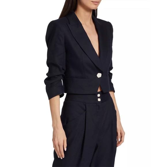 Veronica Beard Delpha Crop Jacket Blazer Navy Blue Linen 4 Designer 304LN1410426 - Picture 2 of 15